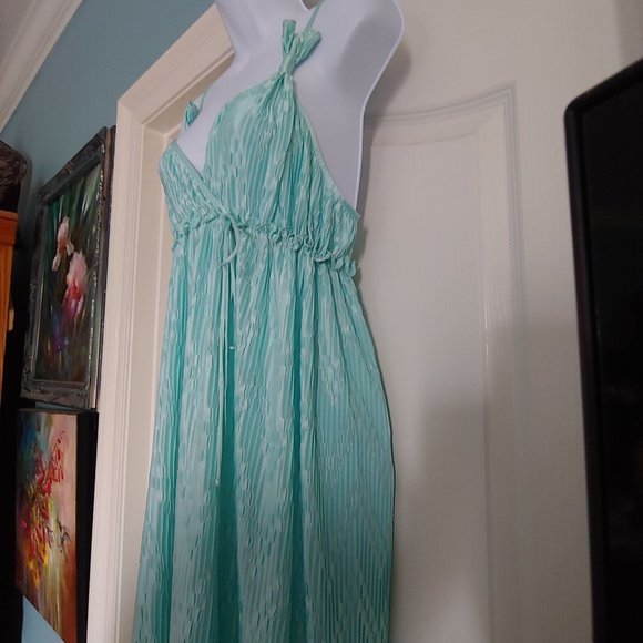 Mary McFadden Collection 1 Grecian Plisse Aqua Full Length Gown Medium - Picture 10 of 16